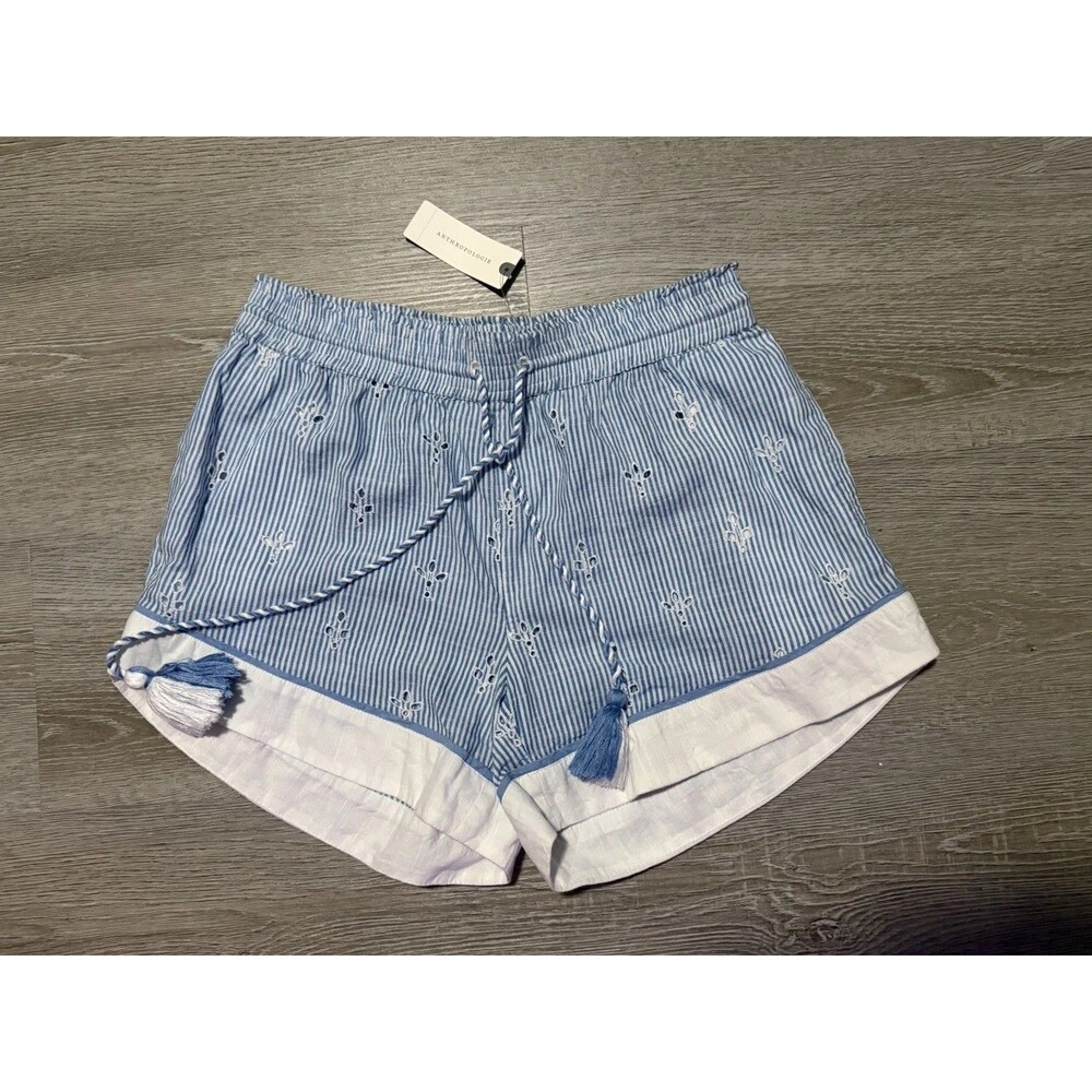 by Anthropologie The Bijou Shorts Blue White Striped Eyelet Women's XS EUC